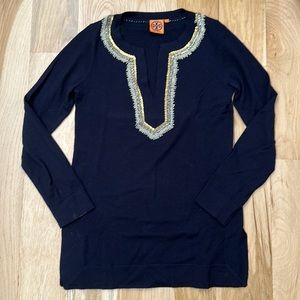 Tory Burch navy tunic with beading along neckline